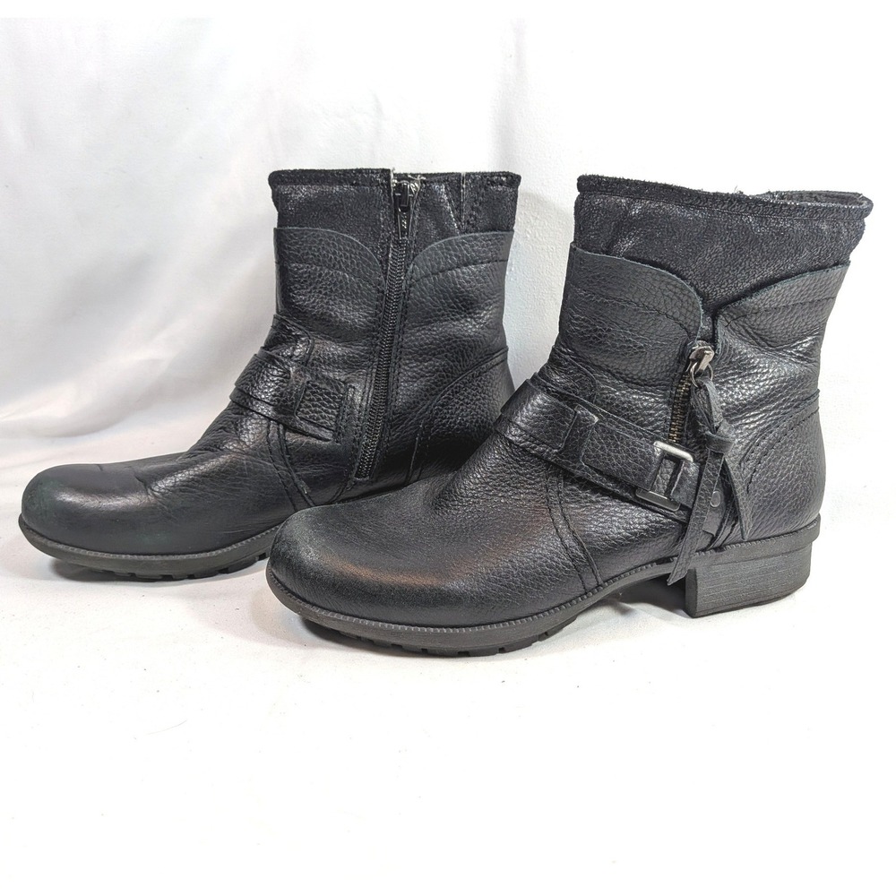 Clarks Black Leather Ankle Boots; Moto Buckle Side Zip Bendables 57221